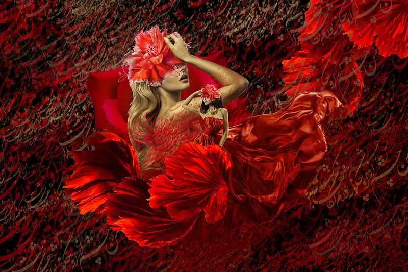 A girl in a red dress amidst scarlet flowers